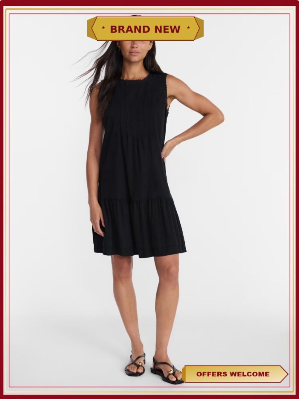 Linen Blend Shift Dress Sleeveless Crochet Trim Ruffled Hem Casual